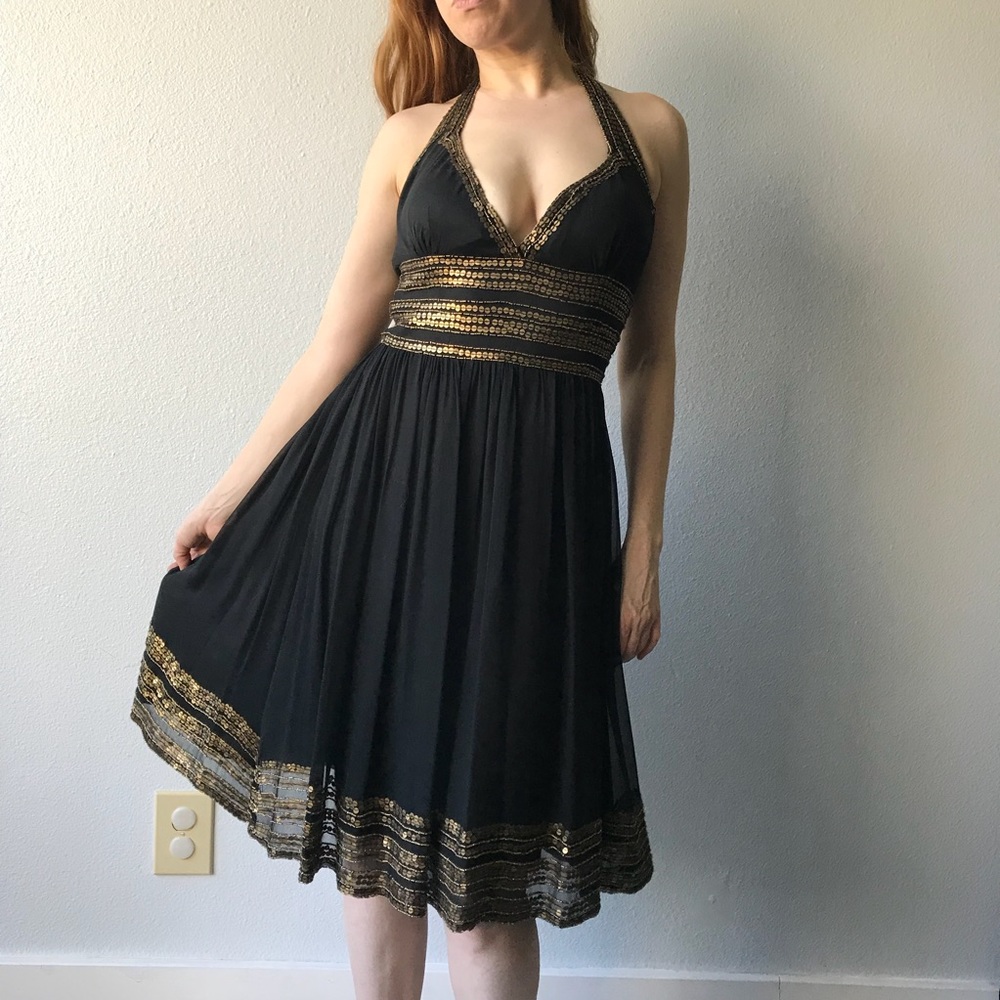 Cache black and gold sequin halter dress